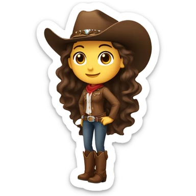 A girl with a dark brown cowboy hat with brown wavy hair and a Western saddle and Western bridle in her hand sticker