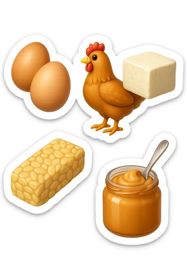 EMOJI STILE IPHONE DI
 uova, pollo, tofu, tempeh, burro di arachidi
, fluttuano in aria REALISTICA 4K sticker