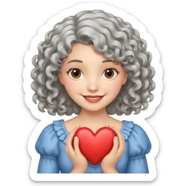 silvery curly/wavy shoulder-length hair smiling lady holding a heart thinner hair sticker