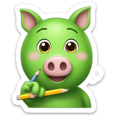 green piggy holding a pencil in his hand sticker
