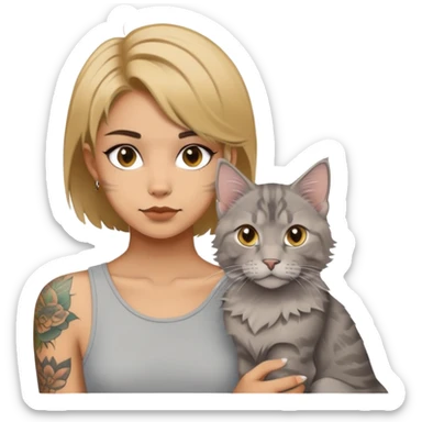 a girl with Golden cropped short hair and tattoos  in the white vista and a grey Maine coon cat sticker