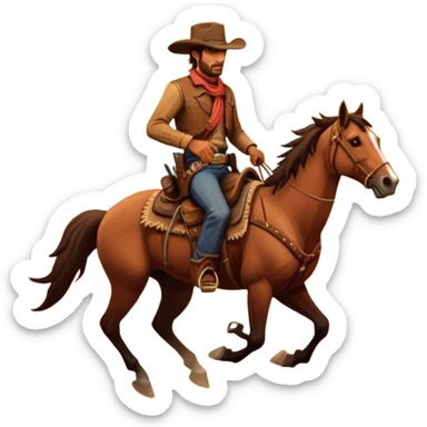 An icon representing an adventure game, inspired by Red Dead Redemption II. The design features a rugged cowboy riding a galloping horse across an open prairie, with towering mesas, cacti, and a golden sunset in the background. The atmosphere conveys freedom, action, and the thrill of the untamed frontier. Transparent background. sticker