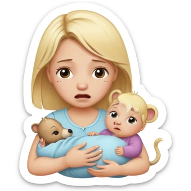 Blonde girl crying with baby zoo animals sticker