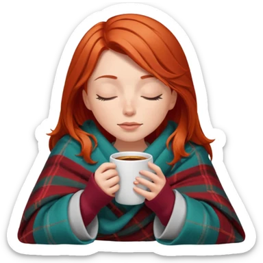 Red hair-haired white girl inside a blanket sipping coffee eyes closed sticker