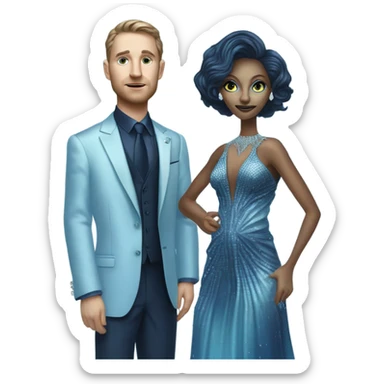 reptilian alien woman, in long slim pastel blue formal party satin dress with gradient shiny sparkling navy blue diamonds embroidered , and caucasian man in black dress sticker