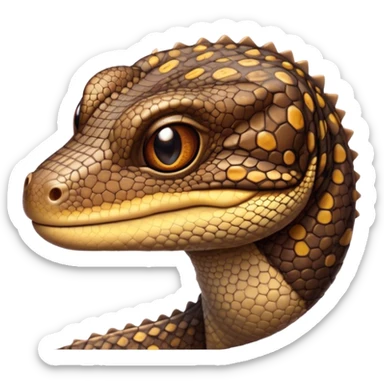 Cinematic Cute brown camo spotted monitor Lizard Portrait Emoji, Head tilted playfully and inquisitively, with a sleek, patterned body accented by vibrant hues and round, sparkling eyes full of wonder, Simplified yet irresistibly adorable features, highly detailed, glowing with a warm, friendly glow, high shine, affectionate and lively, stylized with a touch of exotic charm, bright and endearing, soft glowing outline, capturing the essence of a mischievous yet captivating lizard that seems as if it could scuttle out of the screen into your arms! sticker