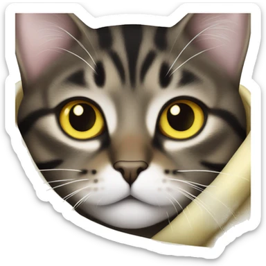 black brown tabby cat with white nose and white chest with yellow eyes in a blanket sticker