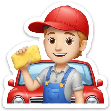 A car washer cleaning a shiny red car with foam and sponge, wearing overalls and cap, happy expression, cartoon emoji style, white background, clear outlines sticker