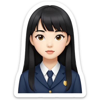 Asian woman in a chic school uniform, long black hair with straight bangs, and visible makeup sticker