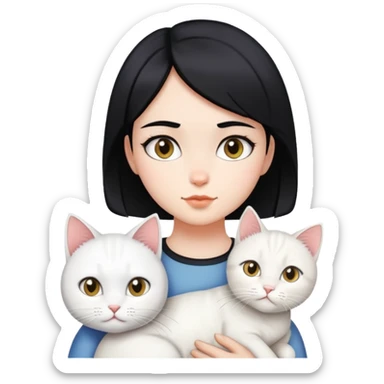 A girl with short black hair parted in the middle, fair skin, is accompanied by a white cat. sticker