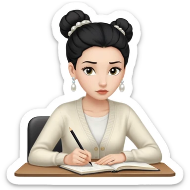 Gender: Female Hair: Sleek black bun with loose tendrils Face: Small nose, pursed lips in concentration Clothes: Cream-colored cardigan, pearl earrings Action: Writing in notebook during meeting sticker