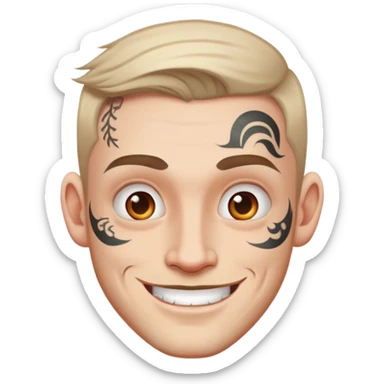 white man with bold face tattoo, happy face, wearing a white t-shirt sticker