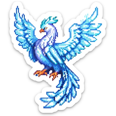 pixel art style ice phoenix, perched, icy tail, shimmering effect, compact design sticker