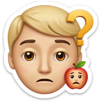 Apple-style emoji of a face with a question mark above the head, raised eyebrows, and a small frown representing 고민 (confused worry) sticker