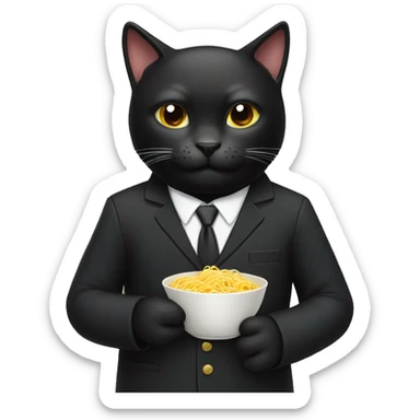 black cat wearing a suit and eating noodles sticker