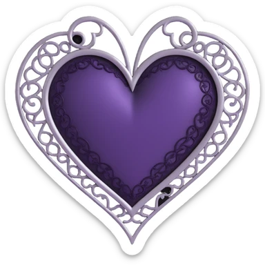 gothic heart, deep purple satin texture, silver filigree, black lace trim, moody and elegant style, faint glowing outline sticker