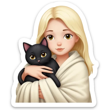 Beautiful girl with fair skin - just after taking a bath - wrapped in a blanket and hugging a black cat sticker