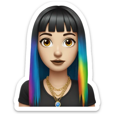 Hyperrealistic white girl with blue eyes and long black hair with rainbow fringe. Wearing gold chain necklace has dark eye makeup on her eyes sticker