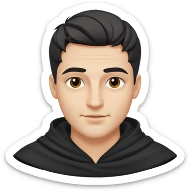 A handsome man with fair complexion. masculine, roman, slightly crooked nose. Thick triangular eyebrows. Hooded eyes and black pupils.  smily lips with a heavy top lid.  Jinu haircut sticker