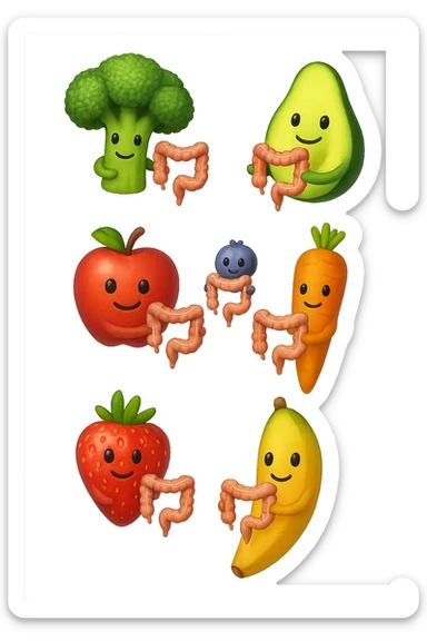 cibo sano fluttua in aria verticalmente stringendo piccoli colon umani, stile emoji iphone, iperrealistico 4k sticker