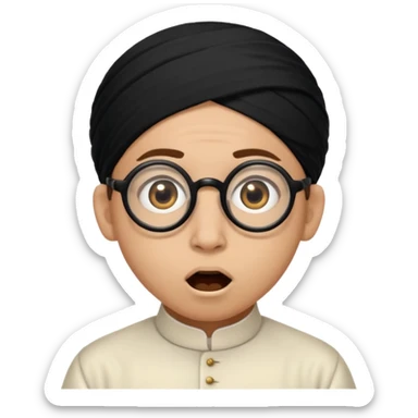 A person with light skin tone, wearing a traditional white ghutra with a black agal, large brown eyes, round glasses, and an open mouth showing a surprised or shocked expression. sticker