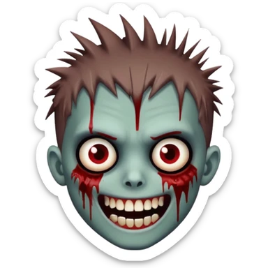 zombie boy with brown emo spiky hair, white skin, and white eyes; an open smile, and bloodied teeth; sticker