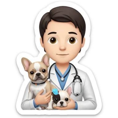 joven médico con el pelo un poco largo pero no tanto y lacio, que tenga un estetoscopio de color de tez negra que sostiene un bulldog francés blanco sticker