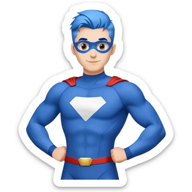 Emoji of a friendly, clean-shaven man with blue hair in a bold blue and white superhero suit. The suit is prominent, with minimal details and a large blank chest area for a logo. Cheerful expression, minimalist style. sticker