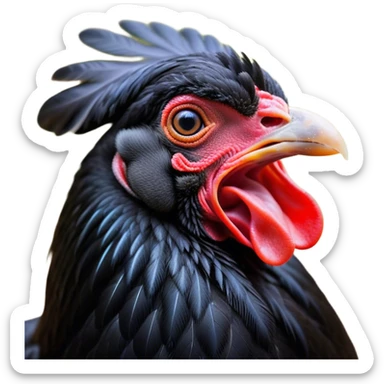 Cinematic Cute Yawning Black Chicken Portrait Emoji, Head tilted slightly with a dramatic, wide-open yawn, showcasing a soft, glossy black plumage with subtle hints of iridescence and a distinctive red comb, floppy wings slightly drooping, round beady eyes barely open in drowsy contentment, Simplified yet irresistibly adorable features, highly detailed, glowing with a soft, cozy glow, high shine, relaxed yet expressive, stylized with a touch of whimsy, bright and endearing, soft glowing outline, capturing the essence of a sleepy yet affectionate chicken, so drowsy it feels like it could stretch out of the screen and curl up for a nap! sticker