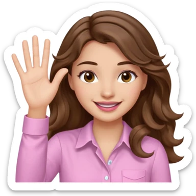 girl with wavy long brown hair, brown eyes, light to medium complexion, long lashes, light pink lipstick, smiling, wearing light pink shirt, slapping sticker