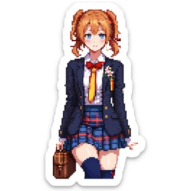 Honoka Kosaka from Love Live standing in Otonokizaka High School courtyard, orange side ponytail with yellow ribbon, blue eyes, navy blazer, red ribbon at collar, blue tartan skirt, black knee socks, brown loafers, cherry blossom petals floating, spring breeze, cheerful and determined expression sticker