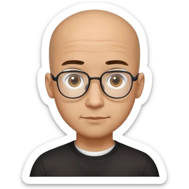 Latino man with small oval face and big forehead, aviator-style glasses, completely bald/shaved sides with very short curly dark hair only on top of head, neutral-friendly expression, light brown skin, wearing a black t-shirt sticker