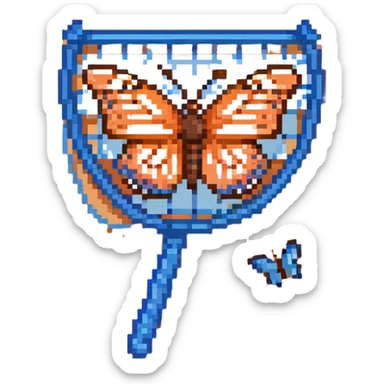 An insect-catching net with a blue handle and a butterfly inside the net sticker