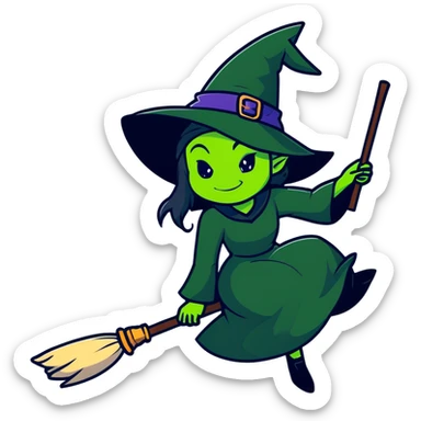 Elphaba, green-skinned witch with black hat and long black dress riding a broomstick sticker