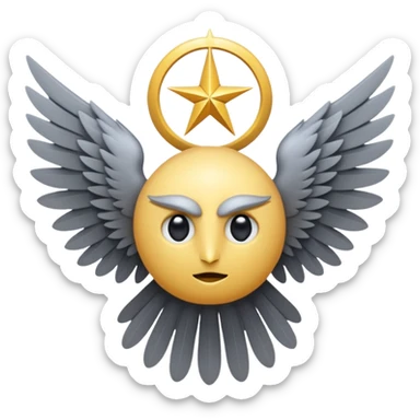 A non-humanoid emoji in iOS style, shaped like a symmetrical star of six gray feathered wings, no human face, no head, no mouth or nose, only a single large eye in the center, surreal and celestial, resembling a biblical seraphim sticker