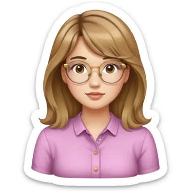 young adult woman with light skin, round face, prominent cheeks, medium plump body, long light brown hair with golden highlights, voluminous and wavy, long bangs over eyebrows, large octagonal glasses with thin golden or light pink frame, casual dark shirt sticker