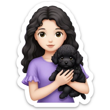 A long-haired girl holds a black maltipoo puppy in the lavender flowers sticker
