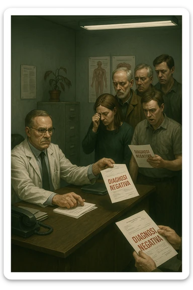A realistic, cinematic illustration set in a dull, grey-toned medical office. A middle-aged male doctor in a white coat with a stern, cold expression is seated at his desk, handing out medical reports with large red ‘Negative Diagnosis’ stamps to each patient in line. The patients, of various ages and appearances, stand in a line, each looking increasingly sad, defeated, and demoralized as they receive their papers, with slumped shoulders and empty gazes. One young woman wipes away a tear, while a man stares at the paper in shock. The background shows medical posters, a faded plant, and harsh fluorescent lighting, emphasizing the cold, mechanical environment. The mood is heavy, illustrating how negative diagnoses delivered without empatia can deeply affect the mental health and morale of patients. The style is realistic, with subtle filmic grain, emphasizing emotional impact and the weight of medical words on people’s lives.in italiano sticker