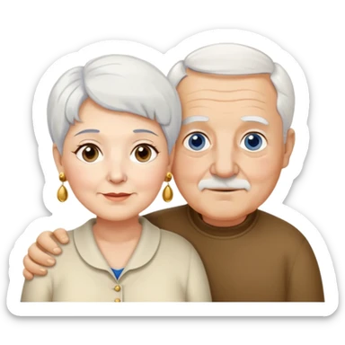 Una abuela italiana blanca de ojos marrones con cabello corto blanco y aretes de oro, junto a su esposo de ojos azules abuelo de piel blanca italiano un poco gordo con pelo blanco corto  sticker