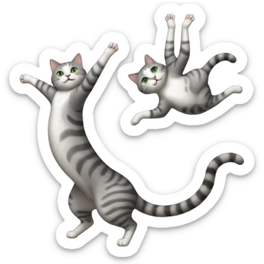 grey and white cat with green eyes doing a big extremely long stretch reaching up into the air with arms and legs side by side together straight and overextended whilst lying on its side sticker