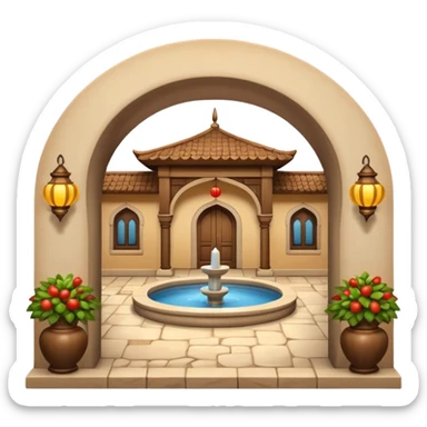 3D Apple-style emoji of a traditional Turkish han with courtyard, arches, fountain, wooden doors, and hanging lanterns. Rounded, glossy, smooth, soft shadows, white background.







 sticker