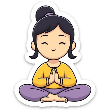 White girl with black hair in meditation pose, peaceful self care wellness moment sticker