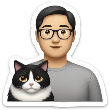 fat tan bespectacled Asian Man with black neck length hair and a black and white cat sticker