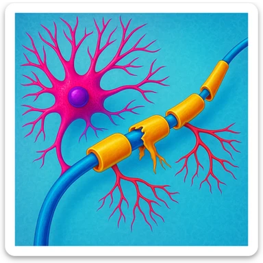Make the neuron and myelin sheath illustration more colorful with vibrant medical colors, enhancing the vibrancy and clarity of the medical illustration. sticker