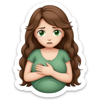 Sad Girl with curled brown long length hair and dark green eyes with belly ache sticker