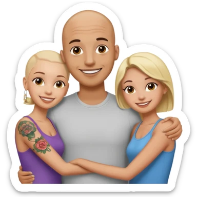 throuple tatted bald boyfriend with blonde girl friend and brunette girlfriend sticker
