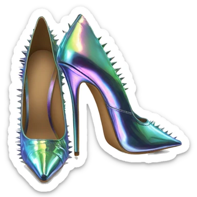 Realistic isolated top view of a pair of metallic iridescent spikey pointed toe high heel shoes. sticker
