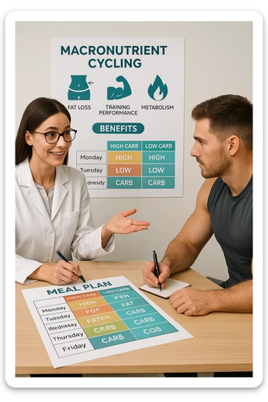 a nutritionist explains to an athlete how to cycle macronutrients for fat loss and training. On the desk, a weekly meal planner shows alternating high-carb and low-carb days, with color-coded sections for proteins, fats, and carbs. The athlete takes notes, and a chart in the background illustrates the benefits of nutrient cycling. The mood is professional and educational. scritto in italiano sticker