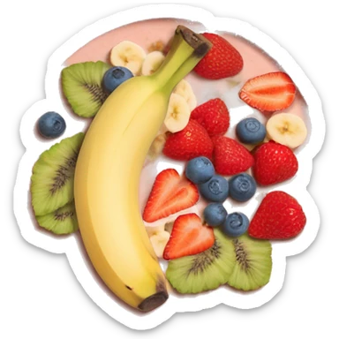 A smoothie bowl with banana strawberry Goji berry honey with the logo the hut on it￼ sticker