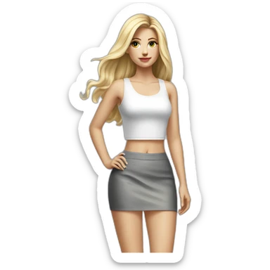 hyperrealist caucasian long blonde hair woman white crop tank top gray tight mini skirt black high heel shoes sticker